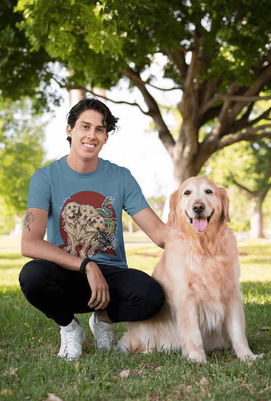 Man crouched next to his golden retriever while wearing a Rose Jane Designs Cerberus T-Shirt