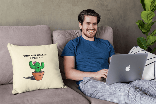 Man sitting on couch using a laptop next to a Rose Jane Designs Prickly Cactus "Who you callin' a prick?!" throw cushion