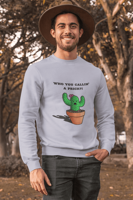 Man standing in a park wearing a Rose Jane Designs Prickly Cactus "Who you callin' a prick?!" sweatshirt